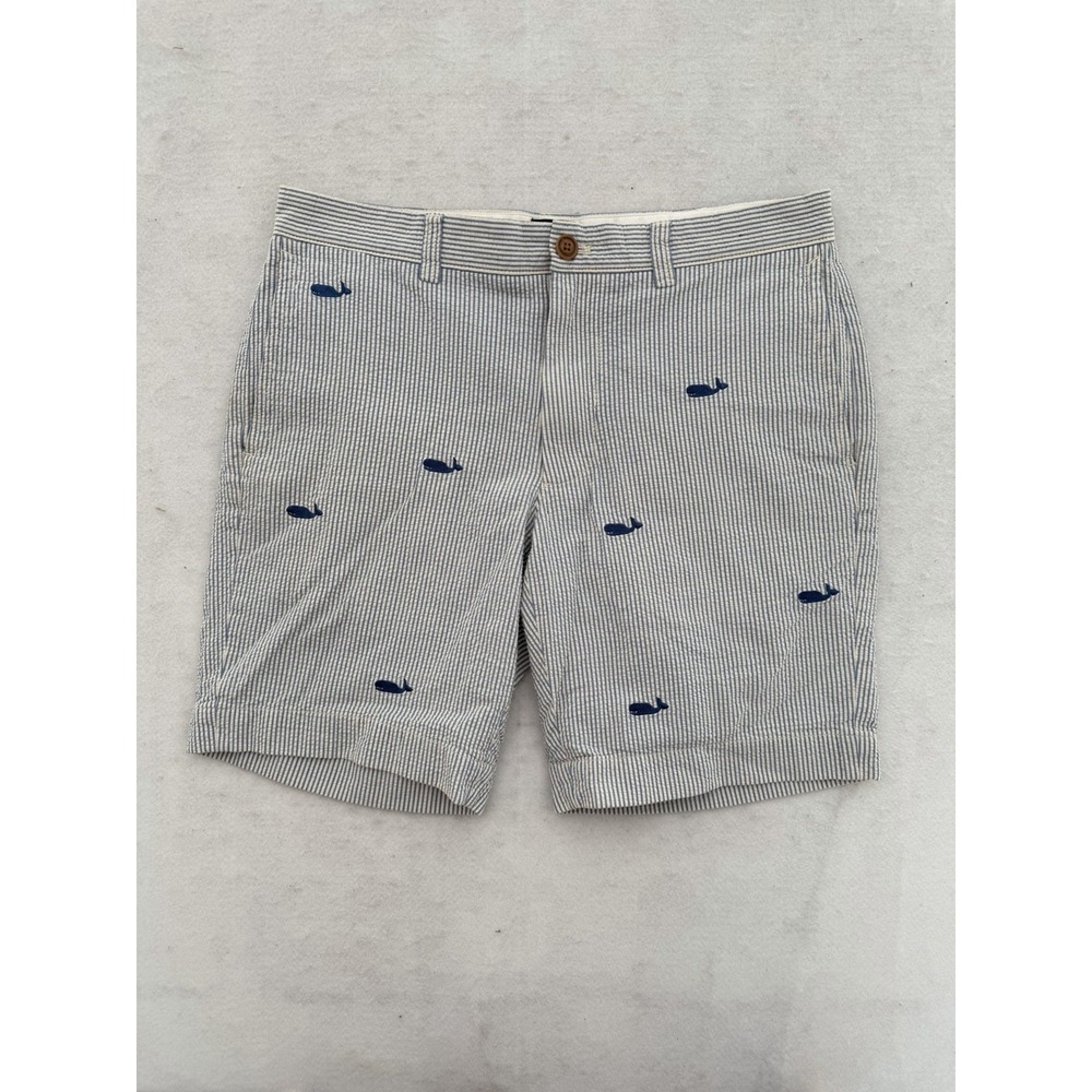 J. Crew Gramercy Shorts Mens 32 W Blue White Whale Embroidered Seersucker Preppy